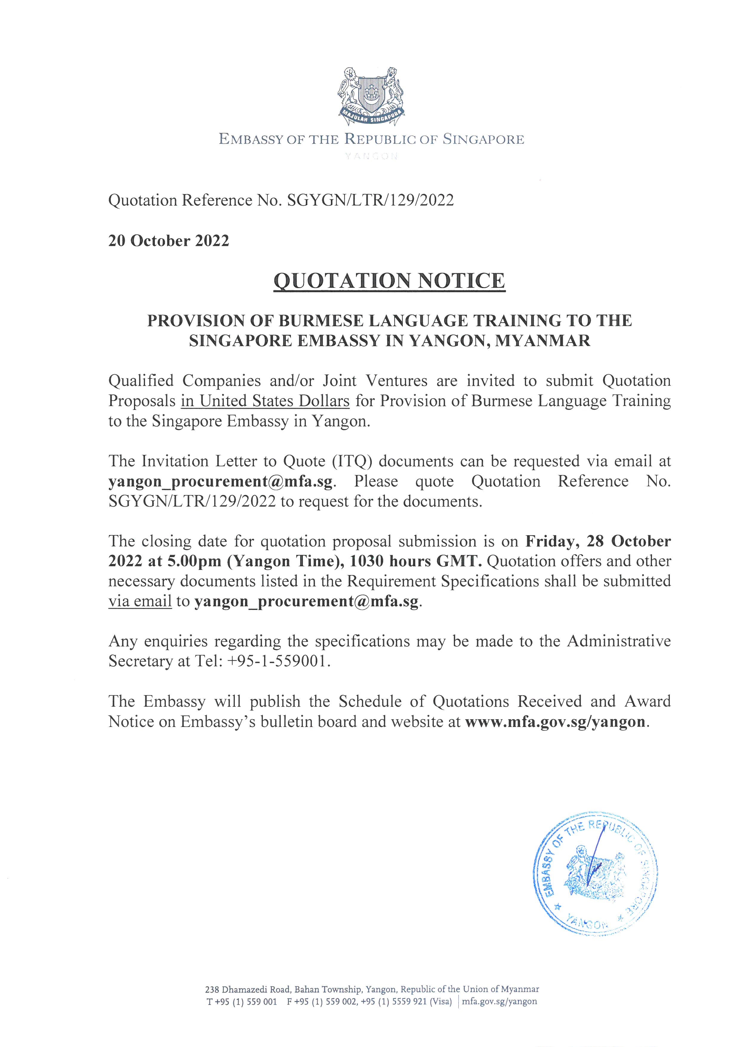Singapore Embassy document, "Quotation Notice" for Burmese language training in Yangon. Contact information is provided.